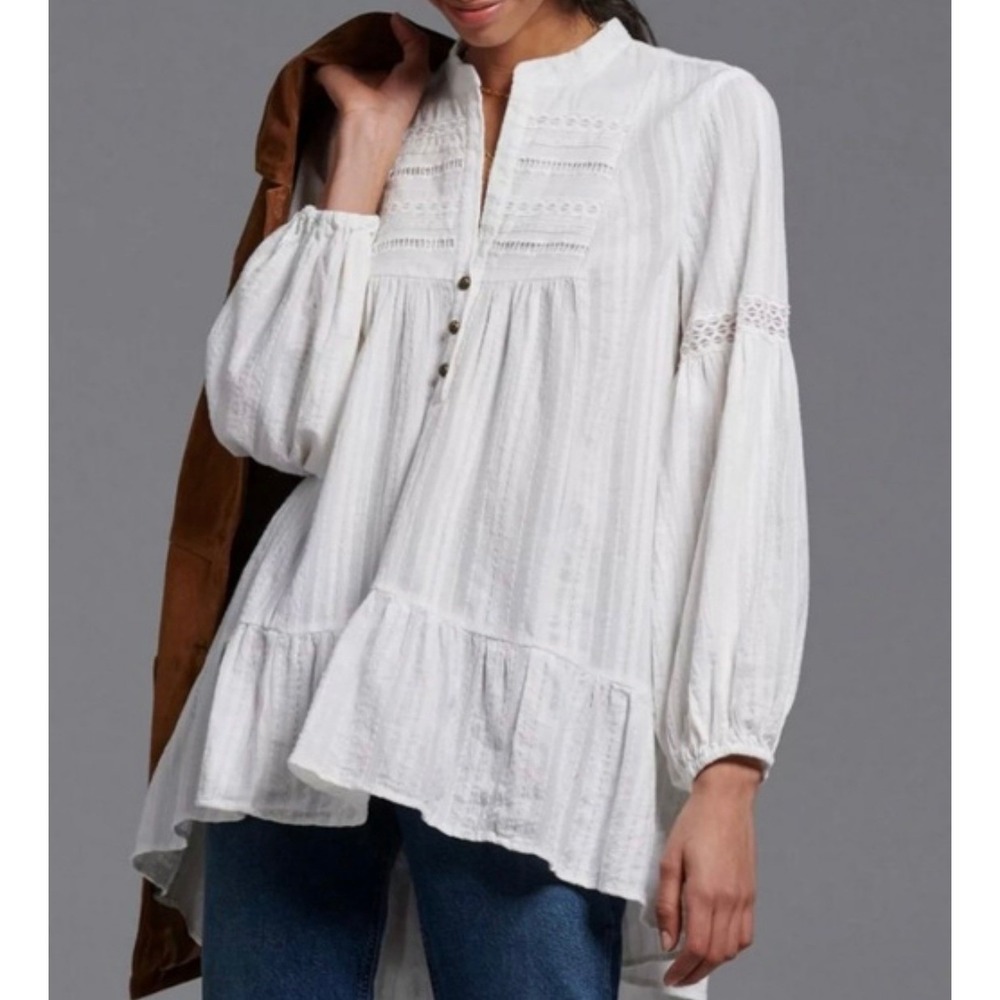 White Womens Boho Peasant Blouse with Lace Trim